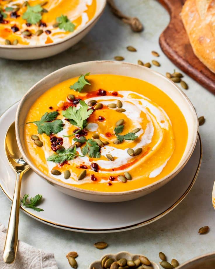 Creamy pumpkin soup garnished with cilantro, pumpkin seeds, chili oil, and cream swirl, served in a bowl with a side of bread.