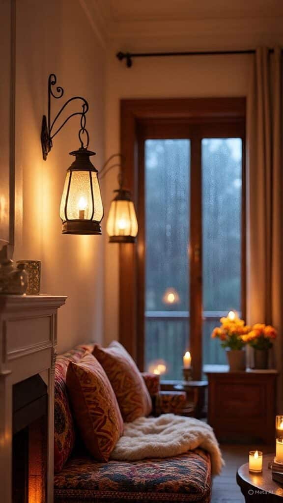 Cozy living room with warm lighting, candles, and soft cushions, creating a relaxing atmosphere by the window.