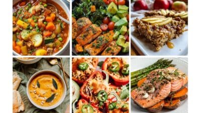 Collage of delicious meals: stew, roasted salmon, apple dessert, creamy soup, stuffed peppers, and salmon with asparagus.