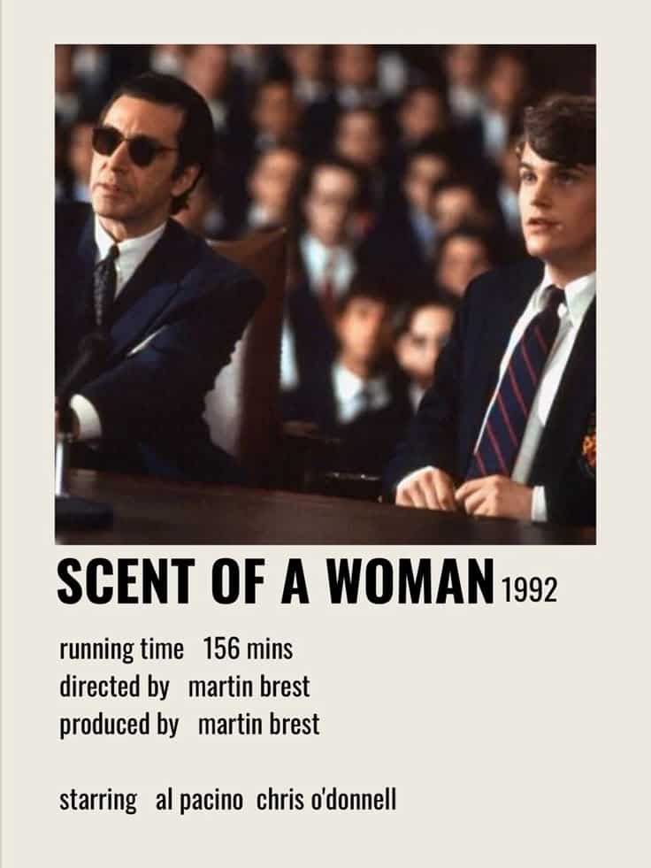 Scent of a Woman movie poster featuring two main characters in formal attire, highlighting the 1992 film's cast and director.