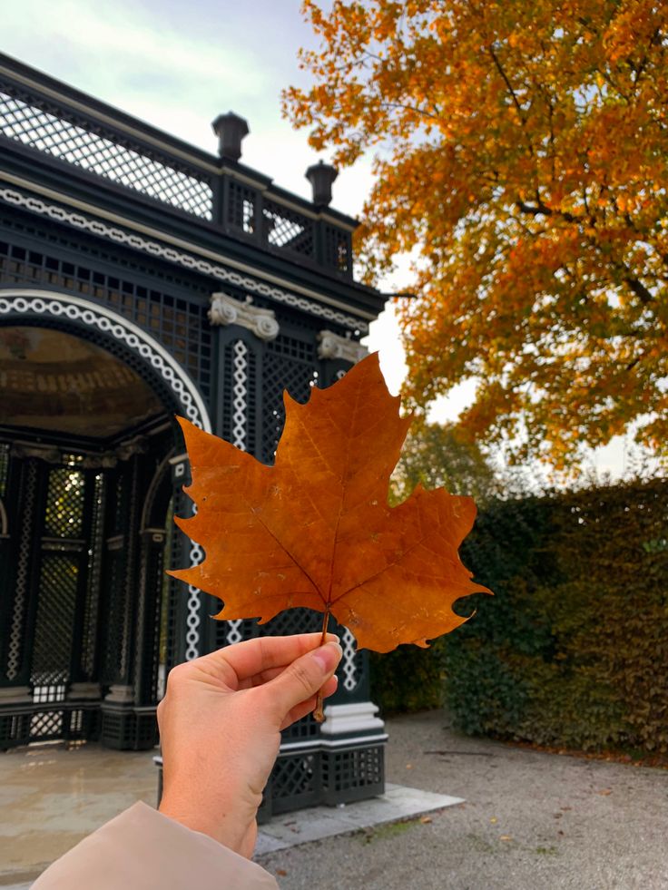 Hand holding an autumn leaf in front of ornate pavilion, surrounded by colorful fall foliage. Perfect autumn scene.