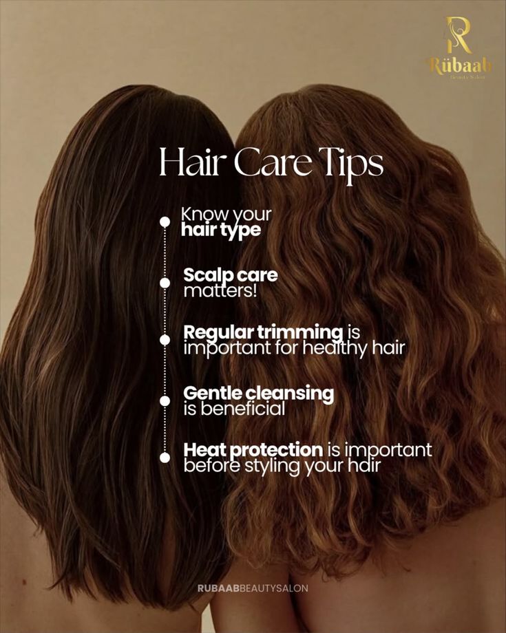 Two women with different hair types highlighting hair care tips: know your hair type, scalp care, trimming, gentle cleansing, heat protection.
