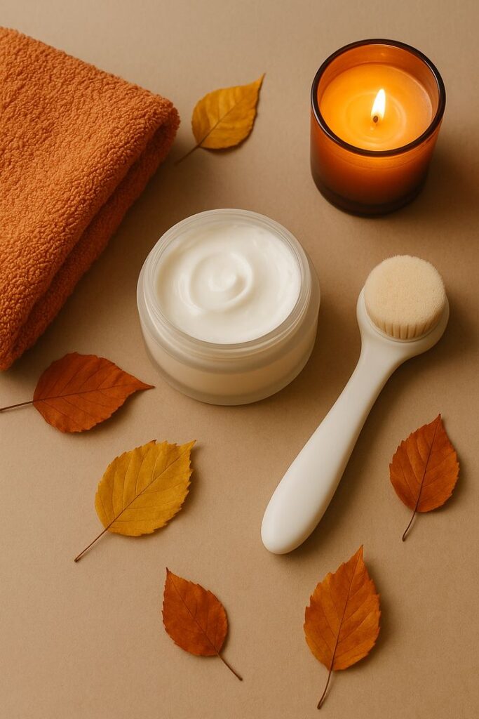 Spa essentials: jar of cream, facial brush, burning candle, and towel with autumn leaves on a beige background. Relaxation and care.