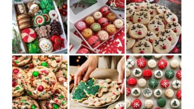 Assorted festive Christmas cookies and macarons decorated with holiday themes in boxes and plates. Perfect for holiday treats.