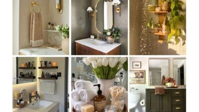 Collage of elegant bathroom decor with gold accents, plants, and luxurious toiletries for a modern, calming atmosphere.