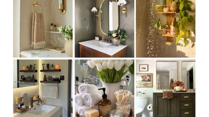 Collage of elegant bathroom decor with gold accents, plants, and luxurious toiletries for a modern, calming atmosphere.