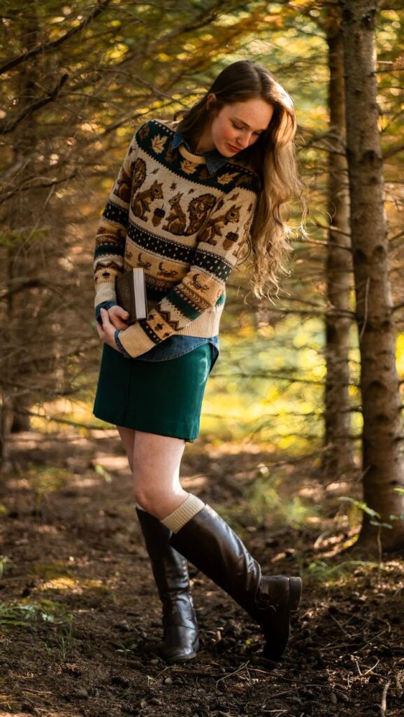 Young woman in a forest wearing a patterned sweater, holding a book, dressed in a green skirt and boots, enjoying nature.