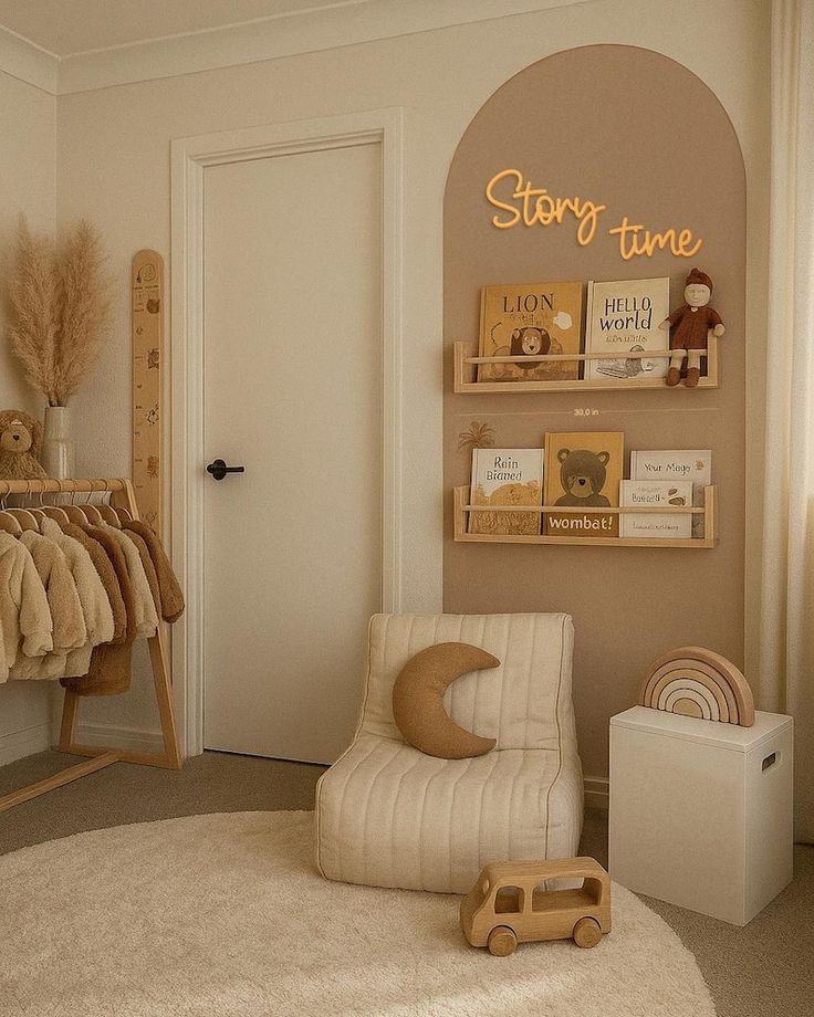 Cozy kids' room with a reading nook, soft seating, wooden toys, and books on display. Warm earth tones create a calming atmosphere.
