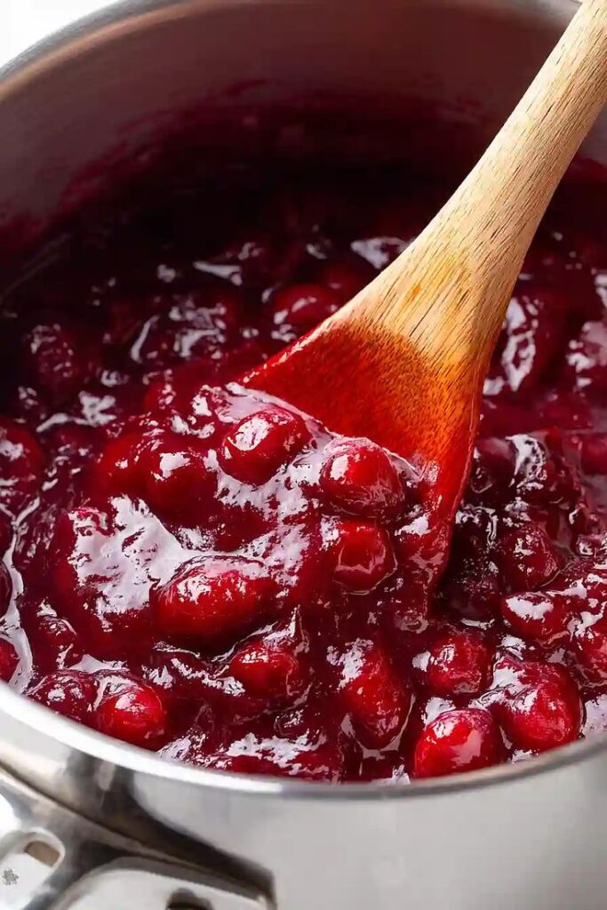 Homemade cranberry sauce with whole berries simmering in a pot, stirred with a wooden spoon. Perfect for holiday meals.