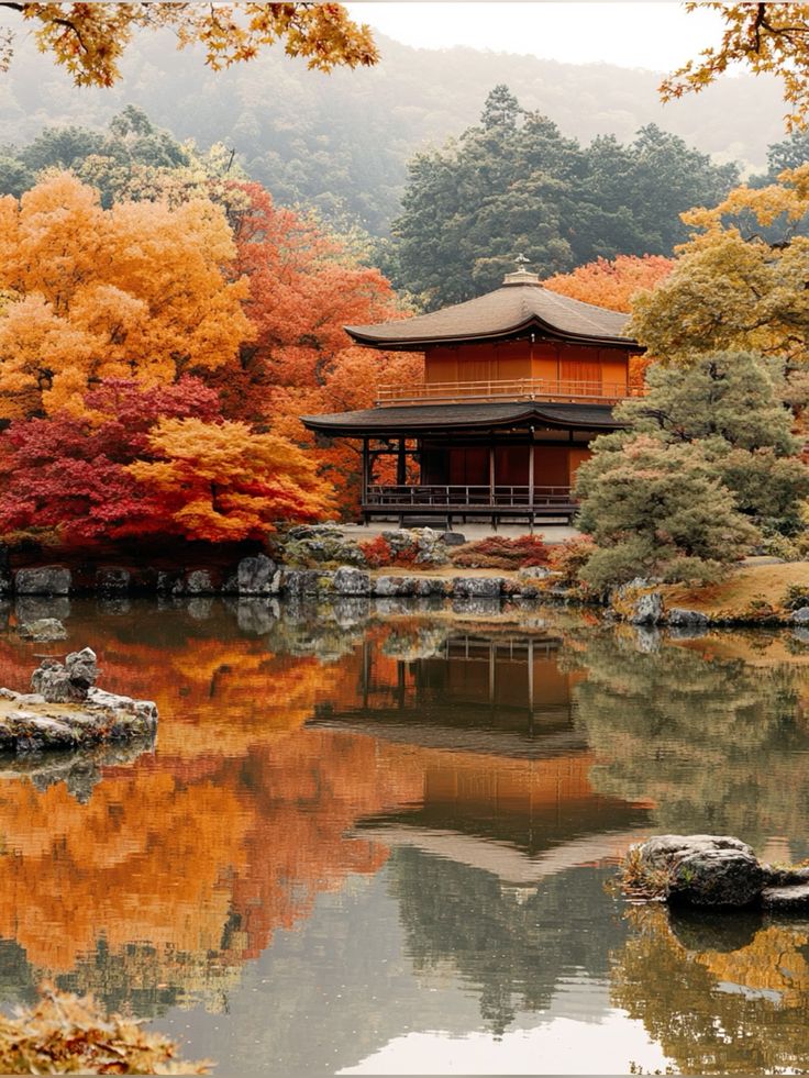Tranquil Japanese garden with a traditional pagoda, vibrant autumn leaves, and serene pond reflections in a peaceful landscape setting.