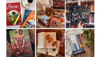 Books and cozy autumn vibes with coffee, candles, and leaves. Featured titles include Anne of Green Gables and Mexican Gothic.