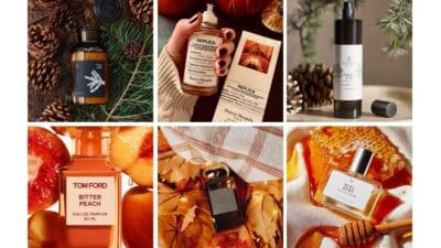 Collage of six perfume bottles with nature-inspired themes, featuring pine cones, autumn leaves, peaches, and honey.