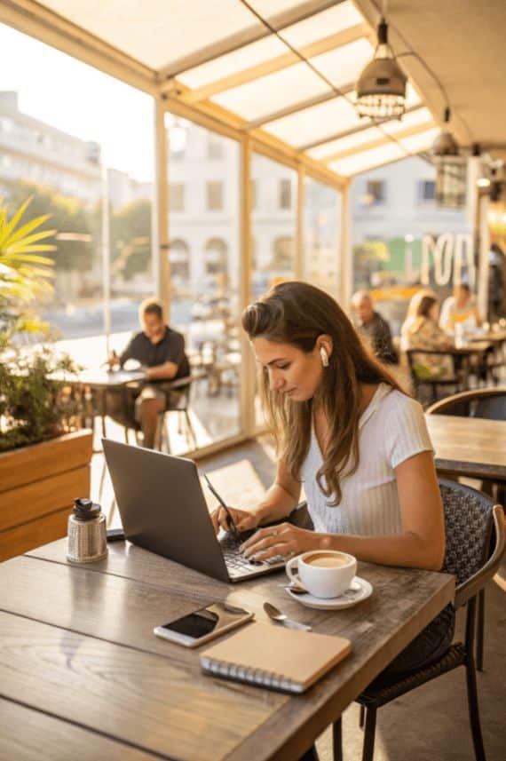 Woman in a cafe working on a laptop with coffee and notebook, wearing earbuds. Sunlit modern workspace for remote work.