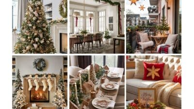 Collage of cozy Christmas decorations featuring trees, stockings, a festive table setting, and balcony with lights.