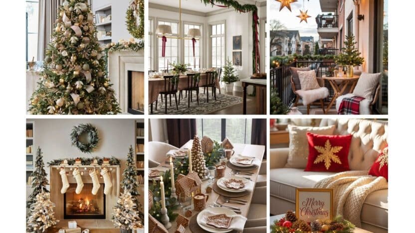 Collage of cozy Christmas decorations featuring trees, stockings, a festive table setting, and balcony with lights.
