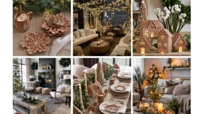 Festive Christmas decor with gingerbread, cozy lights, and elegant dining settings create a warm holiday atmosphere in the home.