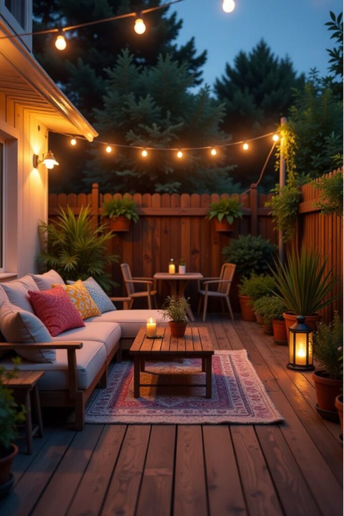 Cozy backyard patio with string lights, sofa, and table setting, perfect for relaxing evenings outdoors.