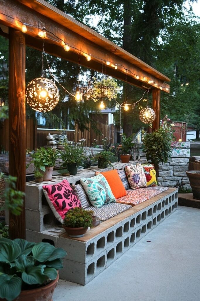 Cozy outdoor patio with a DIY cinder block bench, colorful cushions, hanging string lights, and lush greenery perfect for relaxation.