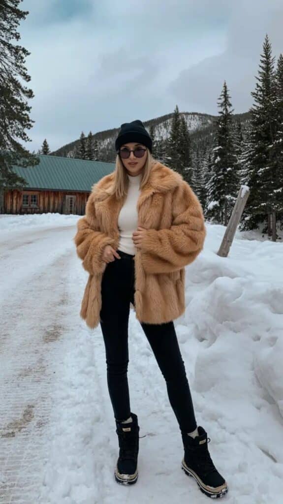 Woman in stylish fur coat and black boots poses in snowy mountain landscape. Winter fashion and scenic cabin backdrop.