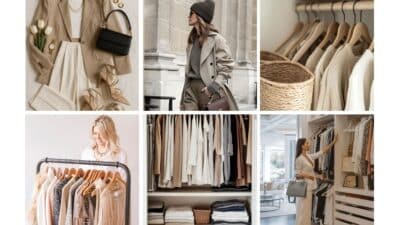 Fashionable wardrobe: neutral outfits, stylish coats, organized closets, and confident women choosing clothes. Style inspiration.