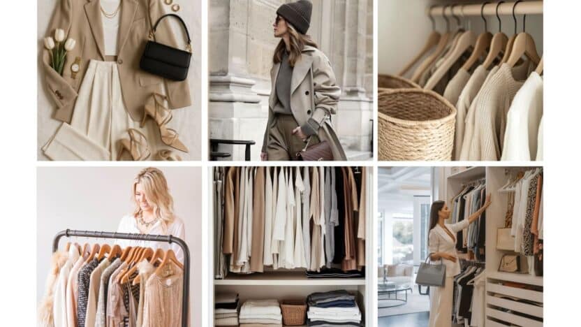 Fashionable wardrobe: neutral outfits, stylish coats, organized closets, and confident women choosing clothes. Style inspiration.