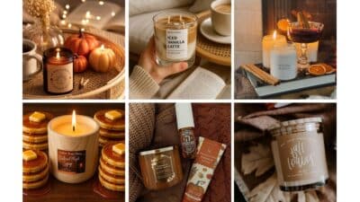 Various scented candles, perfect for a cozy autumn atmosphere, displayed with fall-themed decorations and warm lighting.