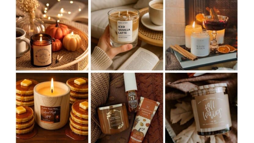 Various scented candles, perfect for a cozy autumn atmosphere, displayed with fall-themed decorations and warm lighting.