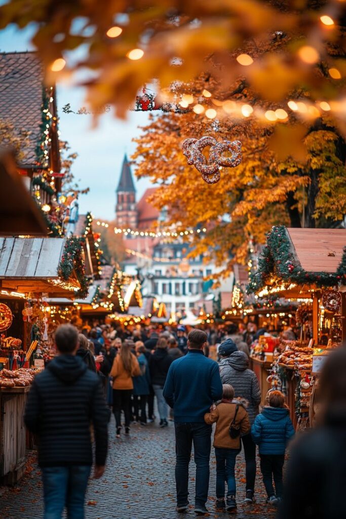 Crowded festive street market with lights, autumn leaves, and people shopping at decorated stalls during a vibrant fall evening.