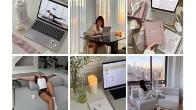 Collage of home activities: online workout, studying, journaling, relaxing, candlelit workspace, city view. Cozy and productive vibes.