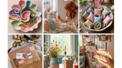 Collage of creative crafting activities: jewelry dish, painting vases, herbal sachets, mail art, floral decor, and organized craft room.