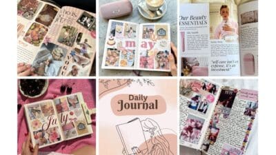 Creative journal pages with collages and writing, featuring beauty tips, monthly themes, and vibrant visuals. Ideal for inspiration.
