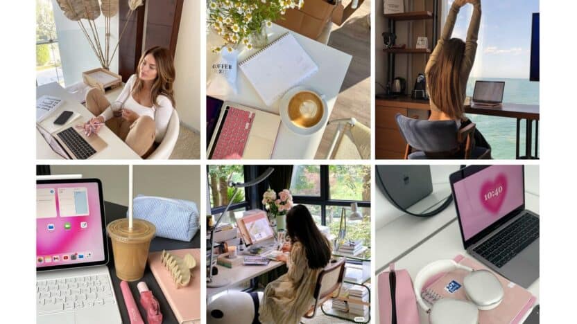 Home office inspiration: cozy workspaces with coffee, laptops, and planners by the window, overlooking nature and ocean views.