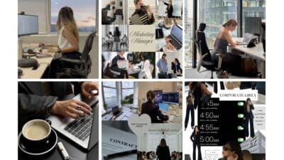 Collage of a busy marketing manager working with laptops, coffee, contracts, and team meetings in a modern office setting.