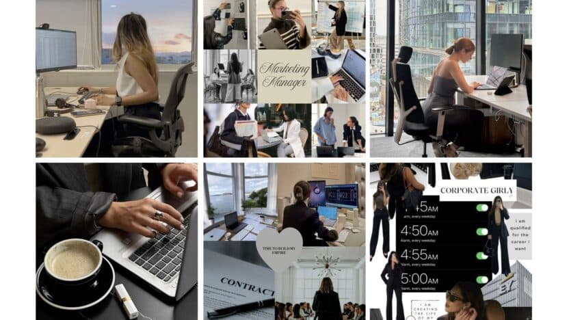 Collage of a busy marketing manager working with laptops, coffee, contracts, and team meetings in a modern office setting.