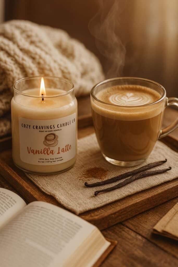 Cozy setup with a vanilla latte candle, steaming coffee, and an open book on a wooden tray. Perfect for autumn relaxation.