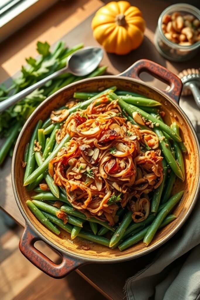 Hearty autumn dish: sautéed green beans with crispy onions and almonds, surrounded by pumpkin decor. Perfect for fall gatherings.