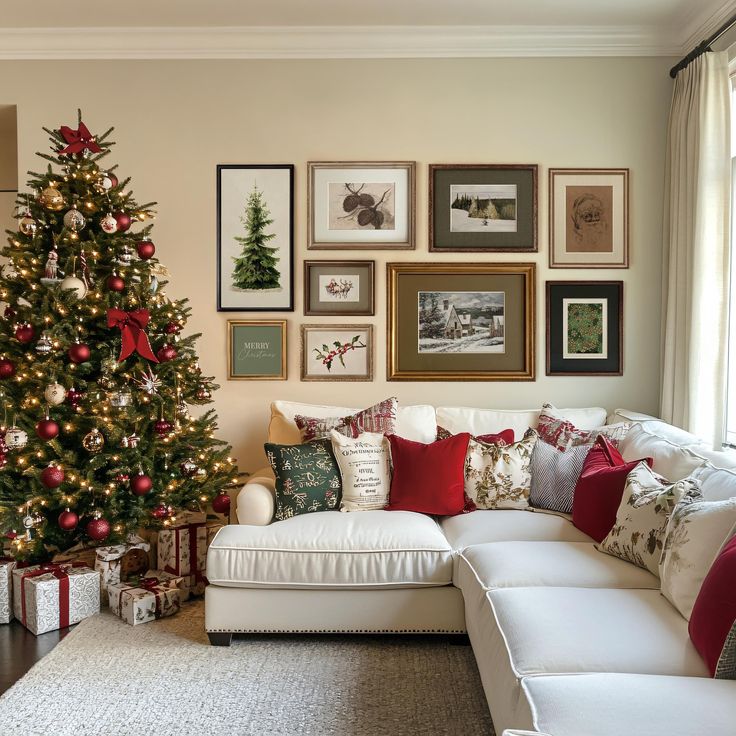 Cozy living room with festive Christmas tree, wrapped gifts, and a gallery wall behind a white sectional sofa with red pillows.
