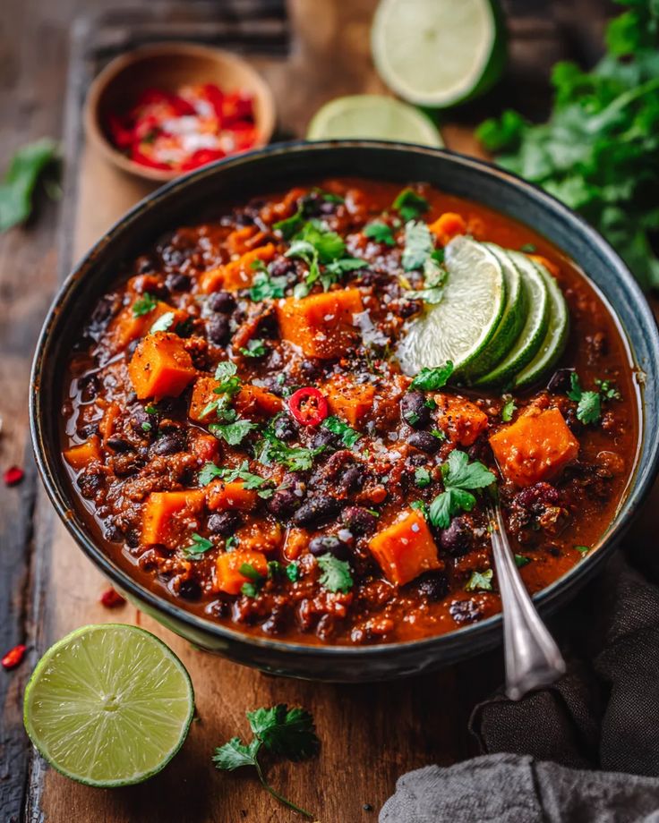 Hearty vegan chili in a bowl with black beans, sweet potatoes, and lime slices, garnished with cilantro and served with lime halves.
