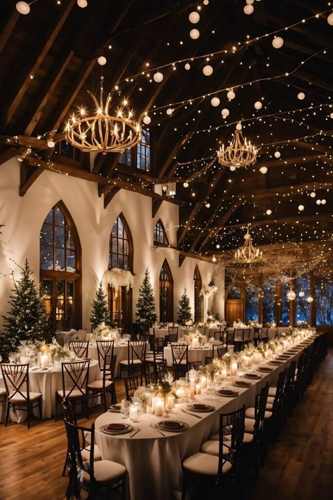 Elegant rustic wedding reception with fairy lights, chandeliers, and decorated tables in a cozy barn setting.