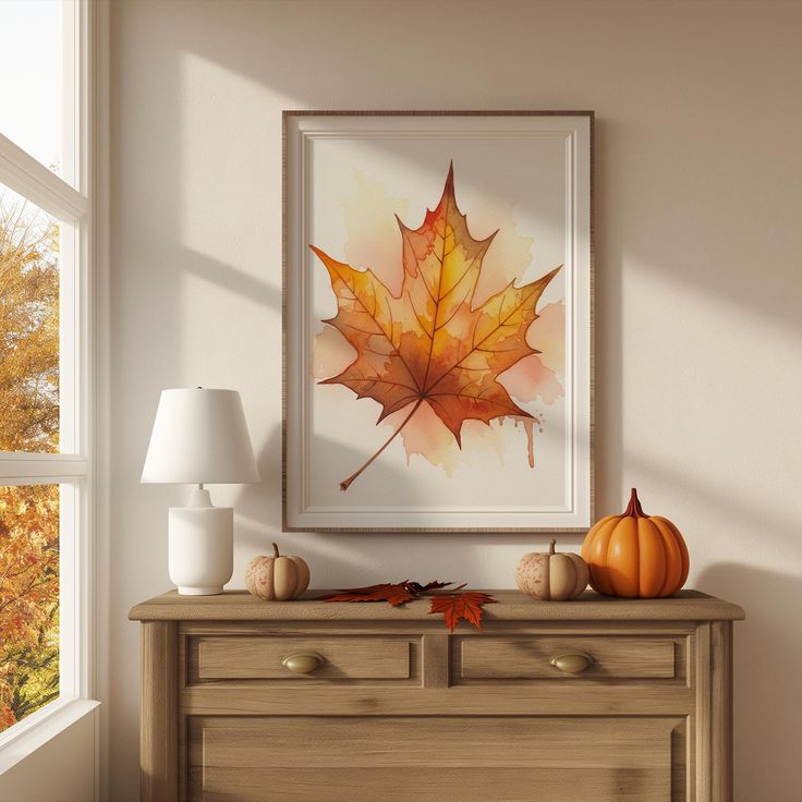 Fall-themed decor: a framed maple leaf painting, pumpkins, and a lamp on a wooden dresser by a sunny window. Cozy autumn interior.