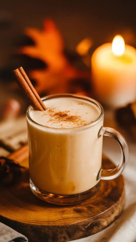 Creamy eggnog in a clear mug with a cinnamon stick, set against a warm, cozy autumn backdrop with a glowing candle.