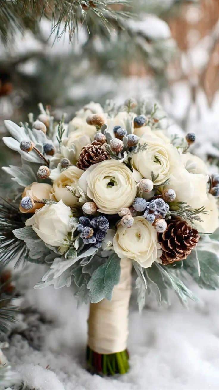 Winter bouquet with white roses, pinecones, and frosted berries, set against a snowy background. Perfect for seasonal weddings.