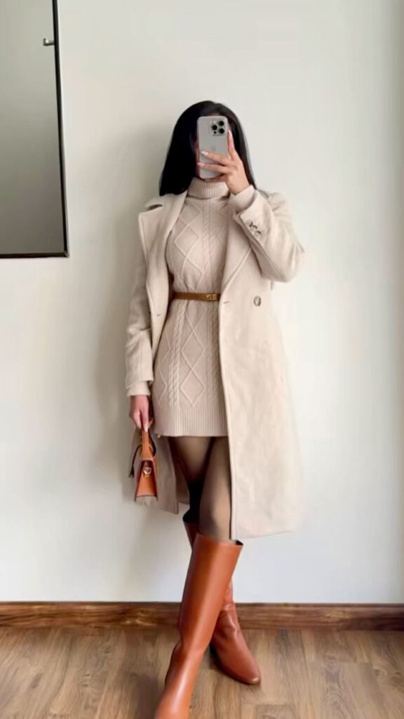 Elegant woman in a beige coat and dress, holding a small brown handbag, wearing brown boots, stylish and modern look.