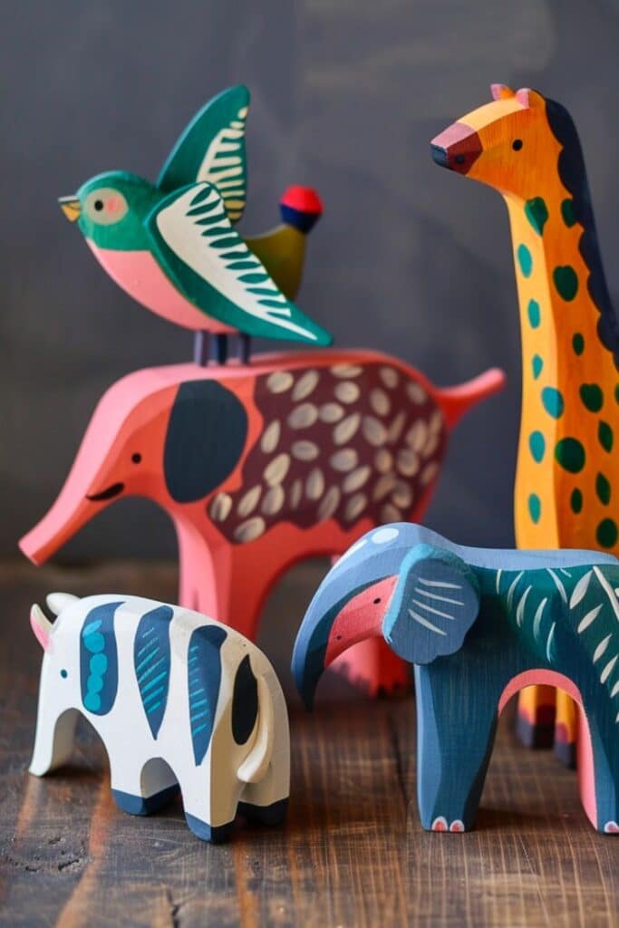 Colorful wooden animal toys including a bird, elephant, giraffe, and rhino, displayed on a wooden surface.