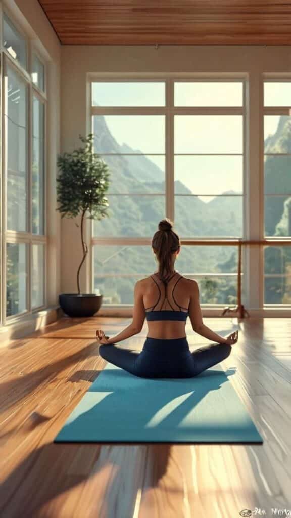 Woman meditating in a serene room with mountain views, practicing yoga on a blue mat. Peaceful indoor workout setting.