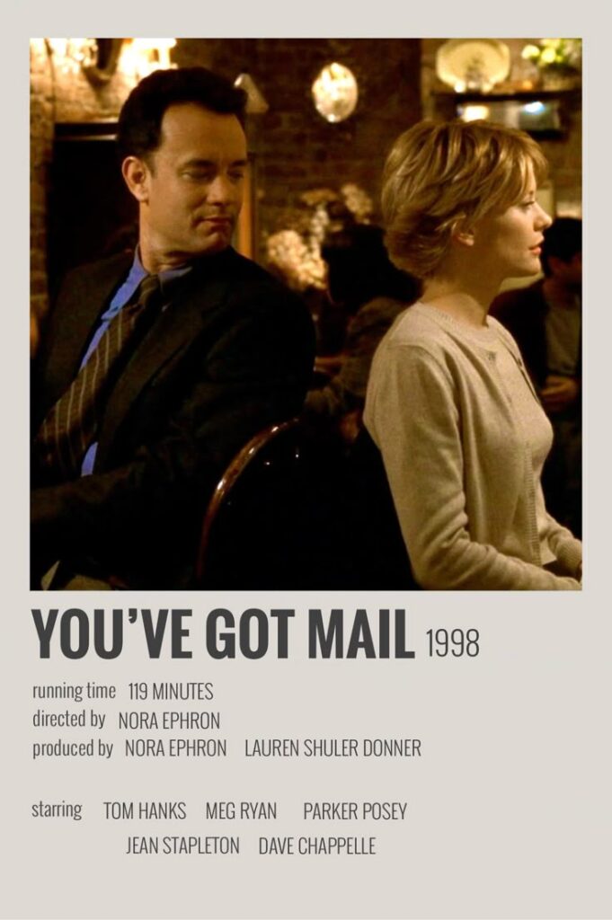 Movie poster for 'You've Got Mail' featuring a man and woman in a cozy cafe setting. Romantic comedy from 1998.
