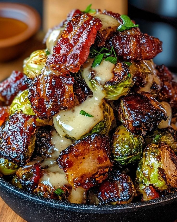 Delicious Brussels sprouts with crispy bacon and creamy sauce in a black bowl. Perfect savory side dish.