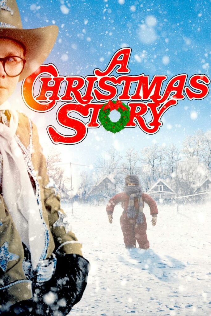 A Christmas Story movie poster with a child in winter gear and snow falling, showcasing nostalgic holiday scenes.