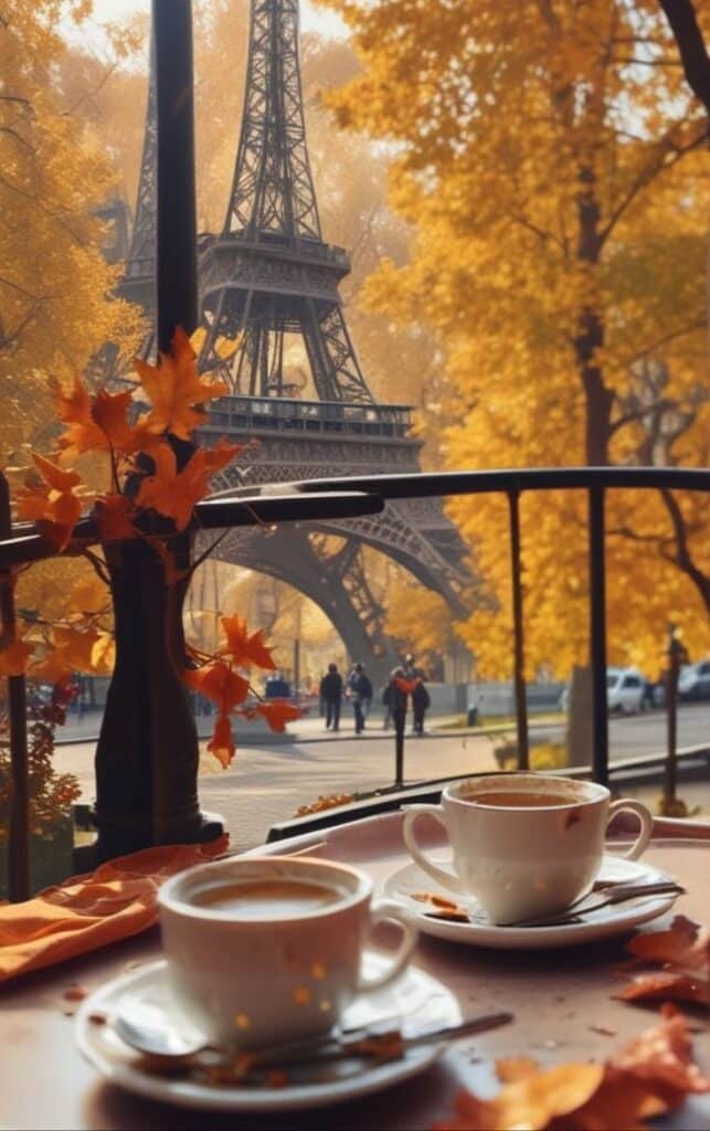 Cozy Parisian café scene with two coffees, autumn leaves, and Eiffel Tower view. Ideal for fall travel vibes.