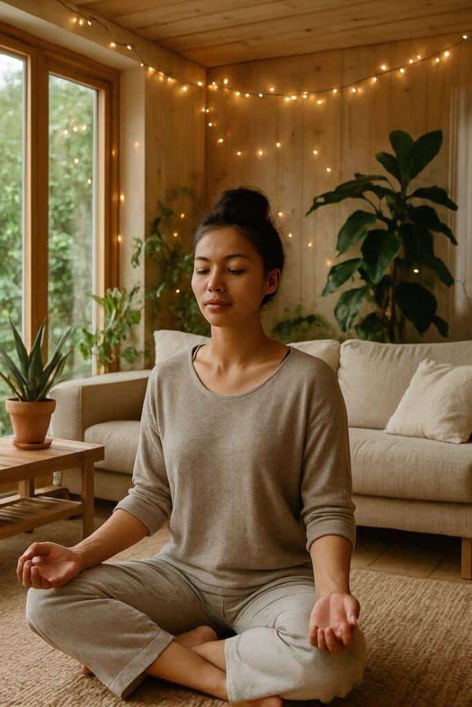 Woman meditating in cozy living room with plants and string lights, practicing mindfulness and relaxation indoors.